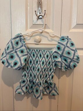 Janie and Jack Aqua and Teal Floral Smocked Puff-Sleeve Crop Top